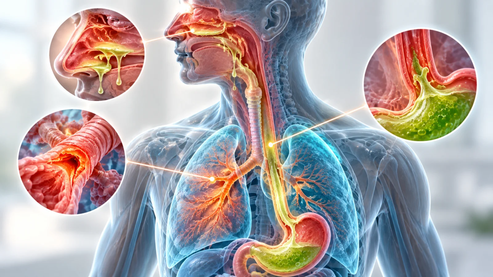 Anatomical illustration showing hidden causes of chronic cough: post-nasal drip, asthmatic airways, acid reflux and the lungs