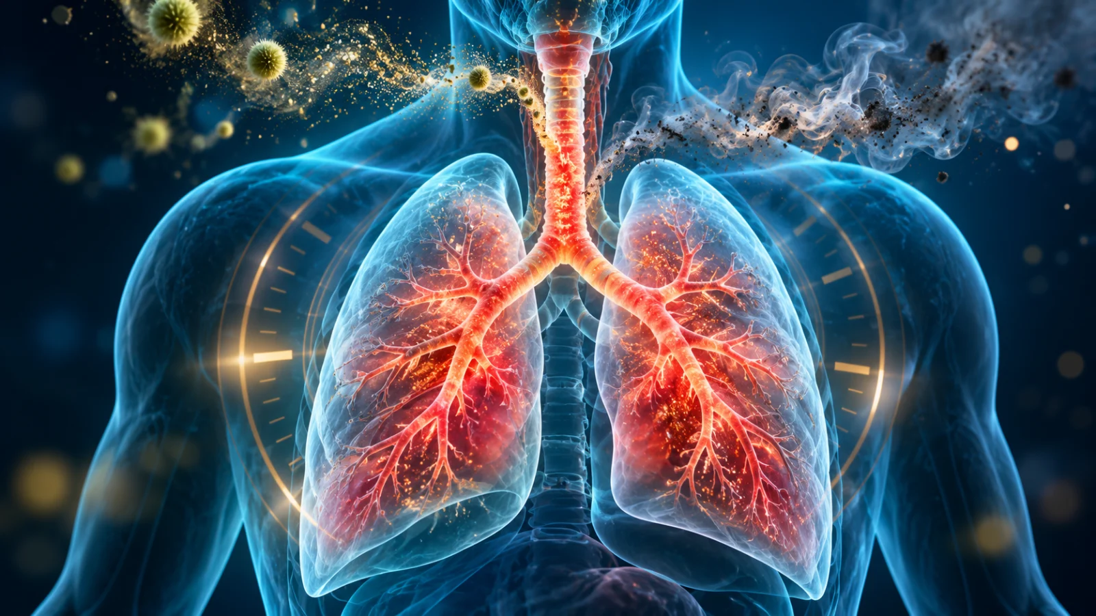 3D illustration of lungs with inflamed bronchial airways and irritant particles, showing the causes of a chronic cough
