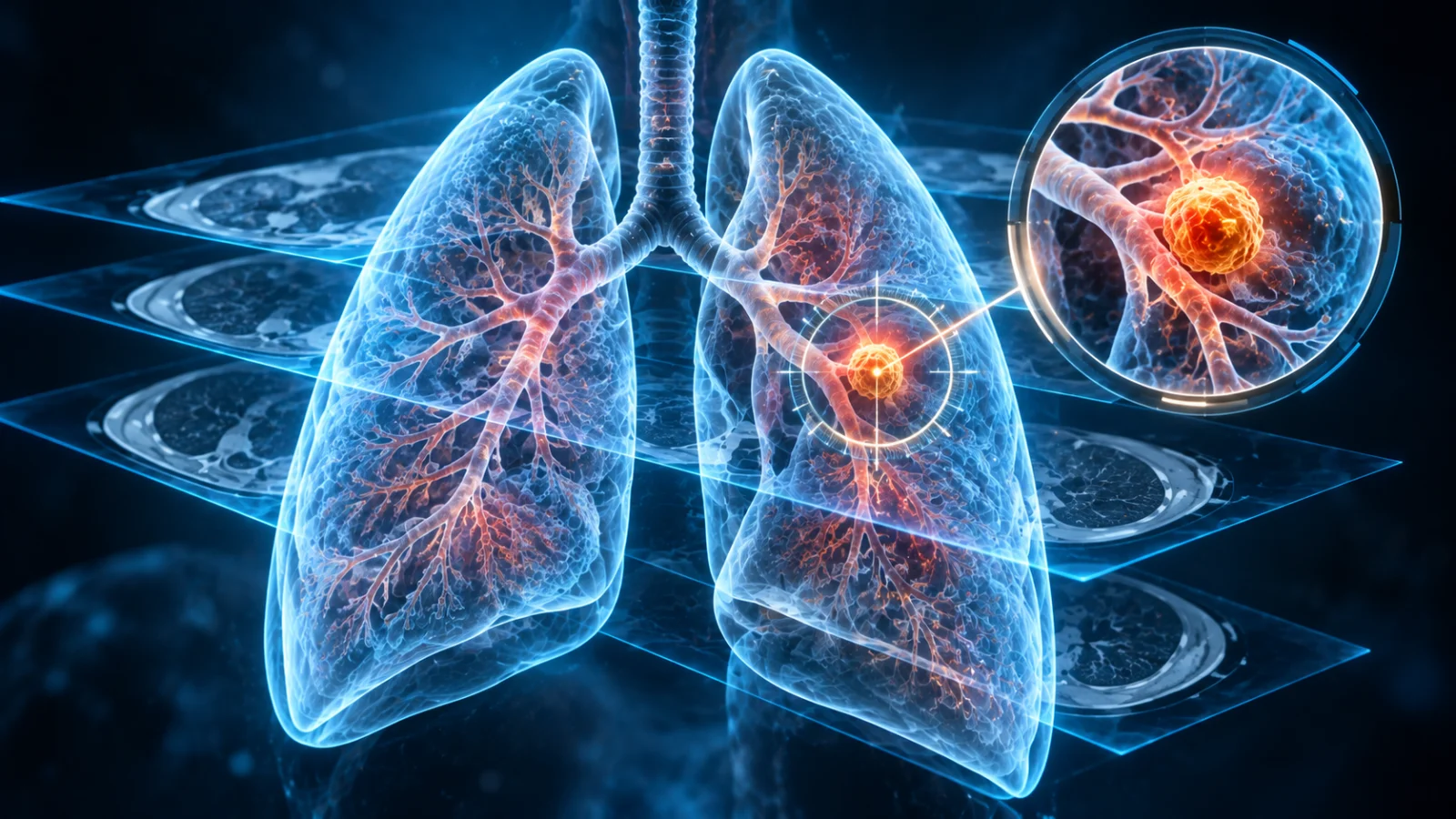 3D holographic CT scan illustration of human lungs with a small highlighted lung nodule under a magnifying lens