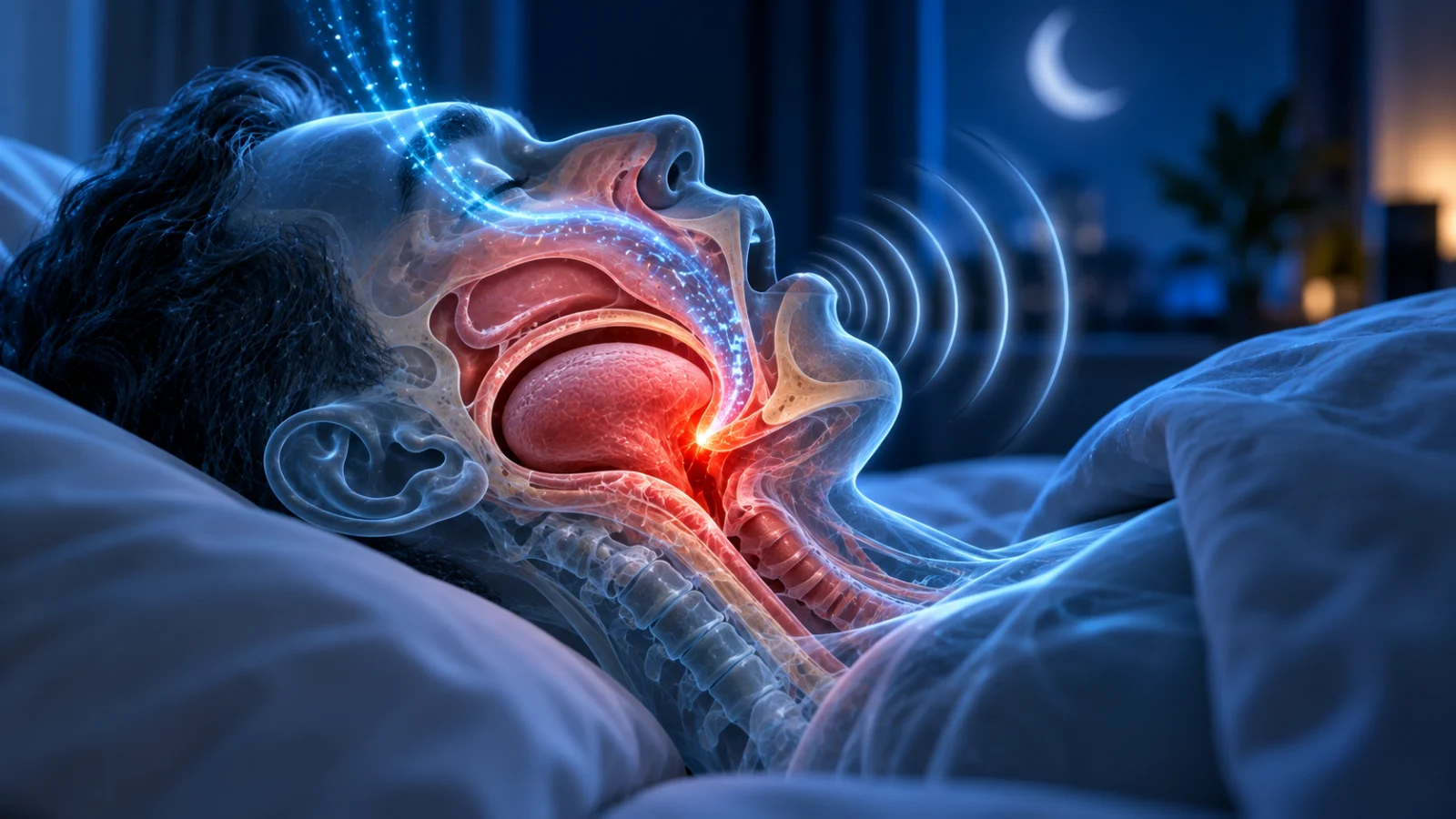 3D cutaway illustration of obstructive sleep apnea showing the tongue and soft palate blocking the airway during sleep while snoring