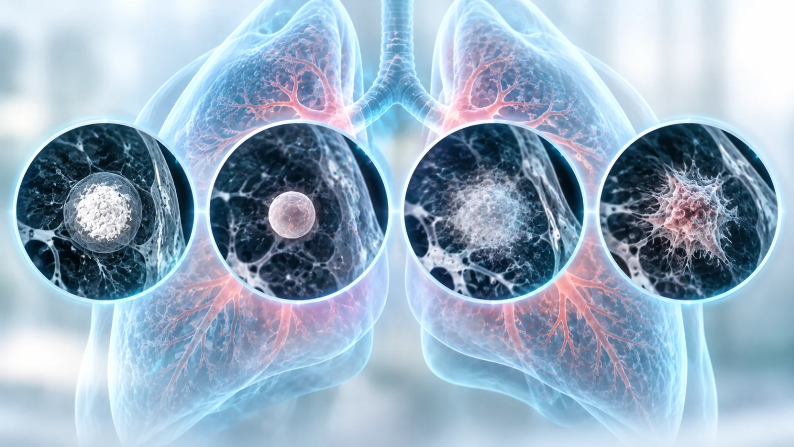 Illustration comparing four types of lung nodules: calcified, solid, ground-glass and spiculated